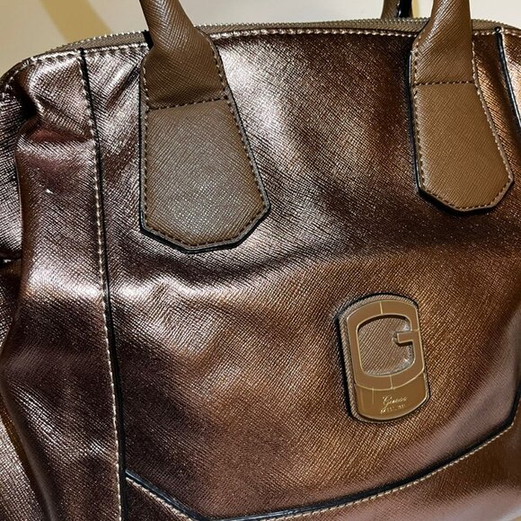 GUESS Metallic Bronze Satchel Tote Handbag - Picture 5 of 7